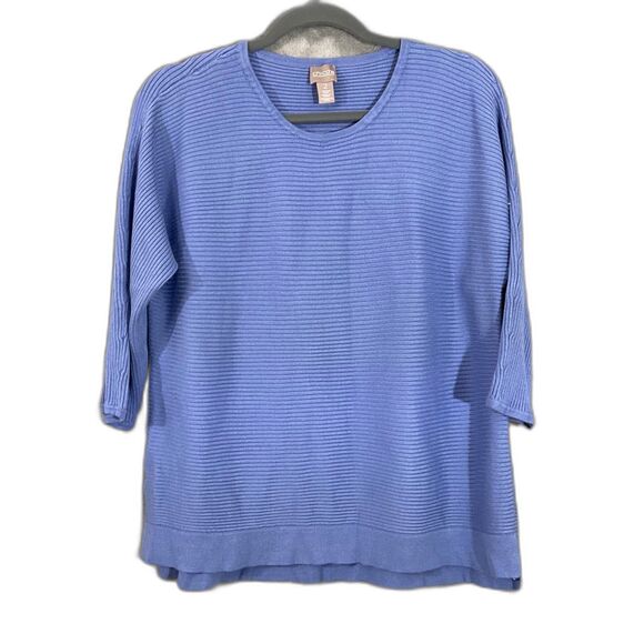 Chico’s Ribbed Boxy Knit Blouse Top women’s Size Large blue pull over 3/4 sleeve - Picture 1 of 13